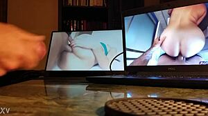 hey, guy's stroking his cock at the desk with the computer on!