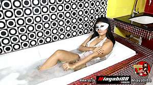 thai asian girl enjoys bathtub time with roommate and big cock