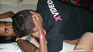 Slender brunette enjoys first video with friend