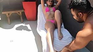 Big black cock licks wet pussy in doggystyle by the pool, then cowgirl riding leads to cum