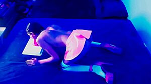 Petite transsexual Natasha Rotten plays with toys in stockings before assfucking