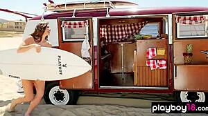 Detailed behind the scenes with nude surfer slut on beach showing natural tits and ass