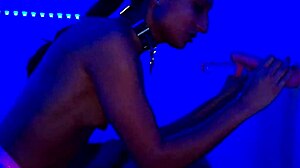 Petite transsexual Natasha Rotten plays with toys in stockings before assfucking