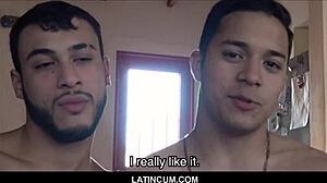 Two hot young Latino twink boys, Jesus and Gus, perform assfucking with monster cocks for the cameraman