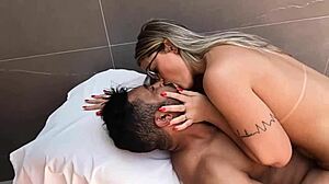 Big black cock licks wet pussy in doggystyle by the pool, then cowgirl riding leads to cum