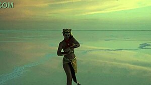 mature amateurs dancing under pink sky with white salt