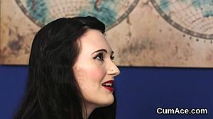 Peculiar Stunner Receives Blowbang with Facial Cumshot and Gulps Jizz