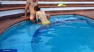 Innocent latina girl enjoys pool time with stepbrother, sucking his dick and fucking outdoors in public.