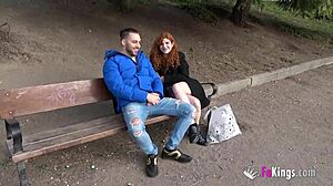 brad's redhead girlfriend proves her love for public blowjobs by sucking in cowgirl position