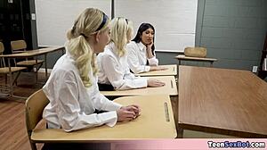 Three petite pupils tempt lucky teacher with tight offerings.