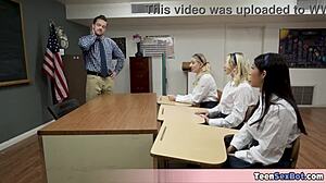 Three petite pupils tempt lucky teacher with tight offerings.