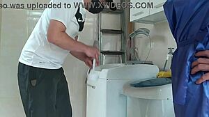 Married woman teases technician fixing washing machine by flashing her shaved body