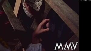 mature bitch with big natural tits sucks cock in retro scene