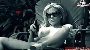 Busty blonde slut gets seduced by the pool for tight pussy outdoor sex with big cock.