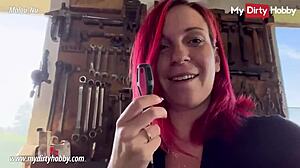 Mydirtyhobby gorgeous redhead masturbates big tits outdoors at the mechanic