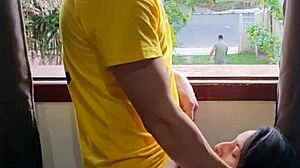 The husband made a mistake while mowing the lawn, I took advantage to give him a hidden blowjob. It was so thrilling.