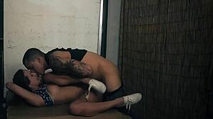 Couple and babysitter in rough bound threesome at soiree