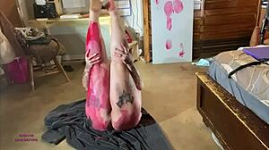 Sally Omalley painted red for a bold fat bbw showcase