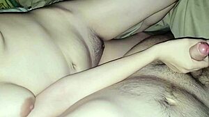 Milf Wife's Small Tits Bounce During Handjob and Oral with Friend.