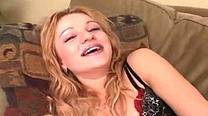 Blonde babe in lingerie slowly undressing and touching herself softly