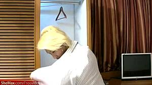 Look at this blonde ladyboy showing big tits and tiny penis!