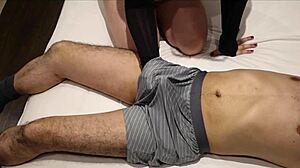 Femdom handjob through underwear leads to huge cumshot in pants