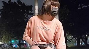 femboy tingxuan masturbates with dildo outdoors in skirt