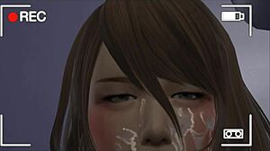 Asian girls do blowbang bukkake in office game.