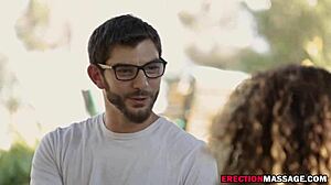 Brunette masseuse rides young guy's big cock