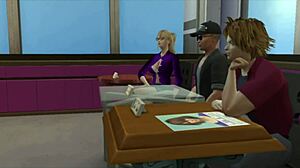 Asian girls do blowbang bukkake in office game.