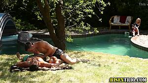 Bisexual hunks blow and tug rods in outdoor threesome hardcore.