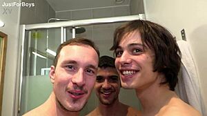 in this gay orgy, guys cum all over each other in wild group fun.