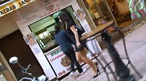 BDSM model Alex Zothberg strolls in ANTIBES, showcasing her skinny legs and heels in nude sport attire