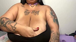 bbw milf shows off her big tits with nipple clamps in bedroom