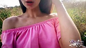 sexy russian slut with perfect body fingering her pussy in park