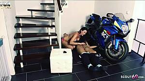 German milf seduces young guy for rough sex in stairwell