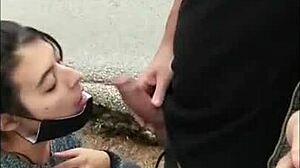 Hot Brunette Babe Gives Risky Public Blowjob In The Street, Flashing Boobs And Getting Caught.