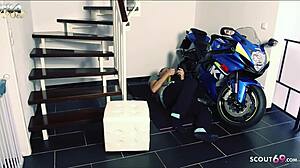 German milf seduces young guy for rough sex in stairwell