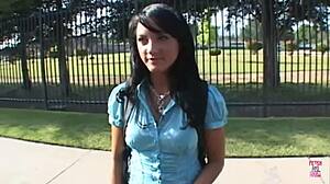 lovely dark haired girl enjoys a ride in the van with friends