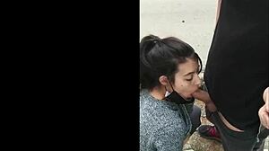 Hot Brunette Babe Gives Risky Public Blowjob In The Street, Flashing Boobs And Getting Caught.