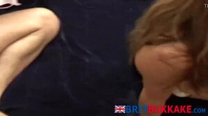 Can you believe this horny british blonde chick sucking multiple cocks in bukkake?