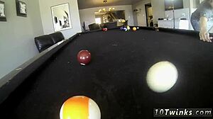 Gay twinks in swim pool cues and balls at the ready