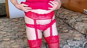 Look at this hot milf mariaold teasing in red stockings and high heels!