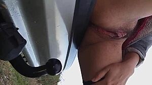 I-I can't hold it, pissing twice on the retro car tow bar before that orgasmic fuck.