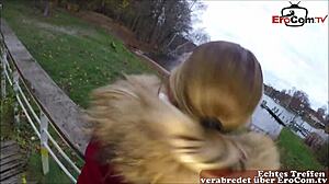 German amateur milf with glasses swallows in public pov outdoor sex