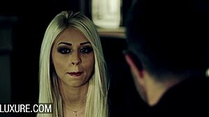 Blonde Chloe Lacourt bends over for a quickie cumshot in the toilet