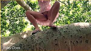 Wife Climbs Trees with No Panties On, Flashing Big Tits in Public Park
