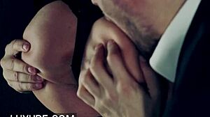 Blonde Chloe Lacourt bends over for a quickie cumshot in the toilet