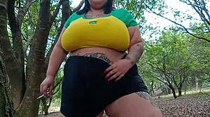torcedora brazilian masturbates with dildo in park and orgasms