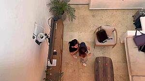 Two hot latinas kissing and fingering pussies on vacation?